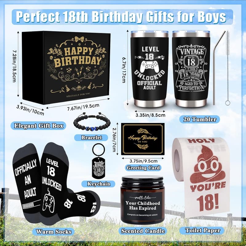 18th Birthday Gift Set for Boys - Tumbler, Socks, Bracelet, & More