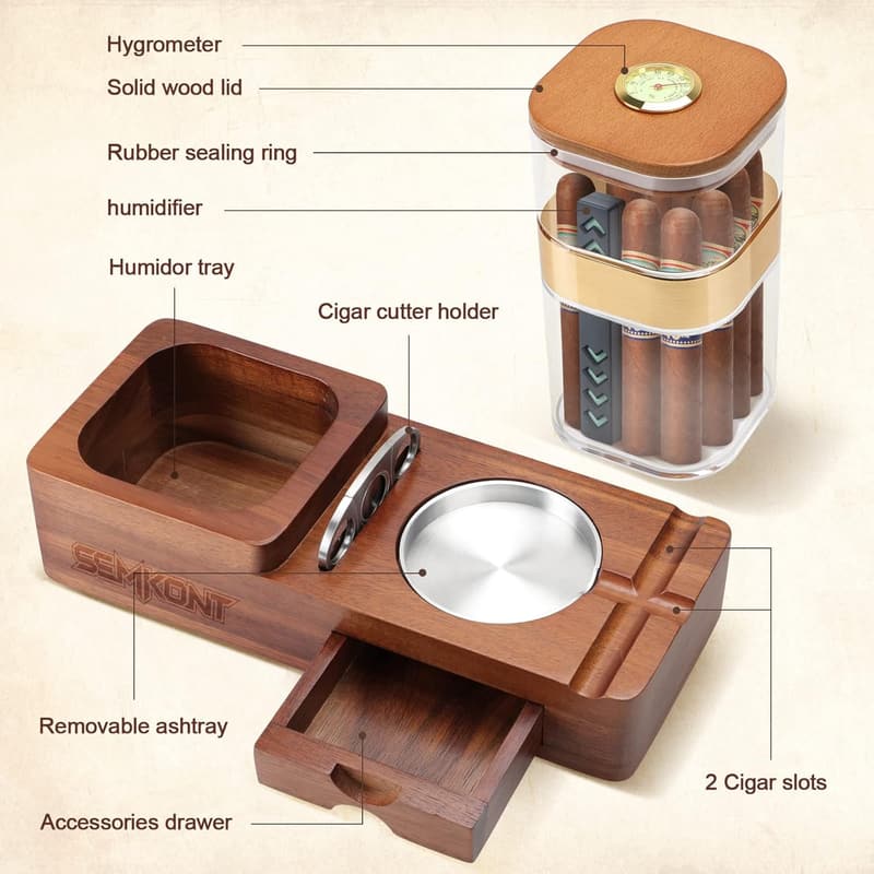 Cigar Humidor Set with Wooden Tray and Accessories for Men