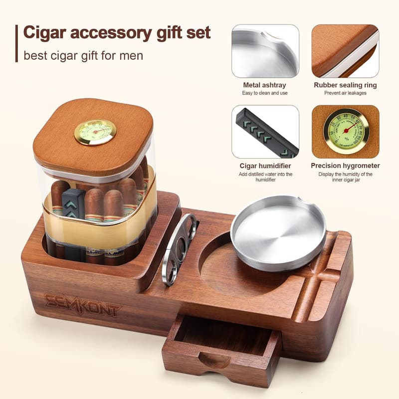 Cigar Humidor Set with Wooden Tray and Accessories for Men