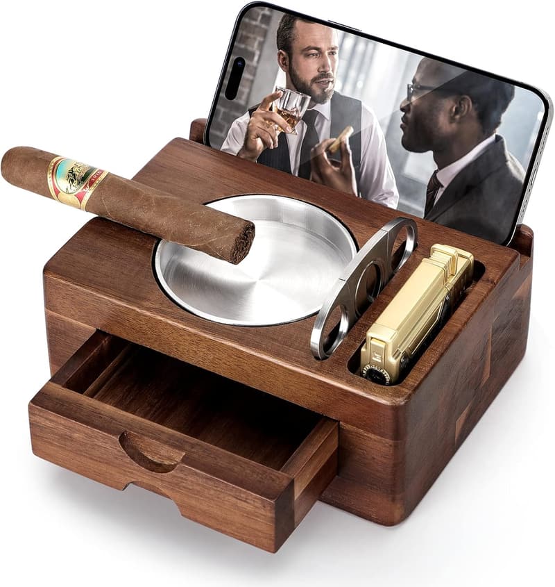 Wooden Cigar Ashtray with Cutter & Holder - Perfect Gift for Men