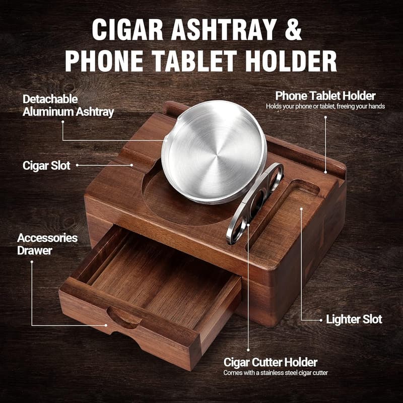 Wooden Cigar Ashtray with Cutter & Holder - Perfect Gift for Men