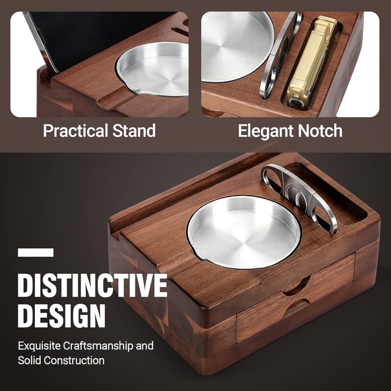 Wooden Cigar Ashtray with Cutter & Holder - Perfect Gift for Men