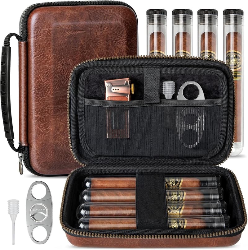 Portable Leather Cigar Humidor Case with Cutter & Tubes