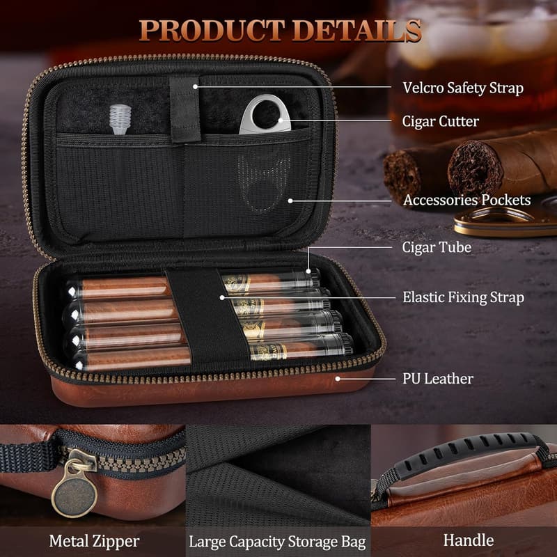Portable Leather Cigar Humidor Case with Cutter & Tubes