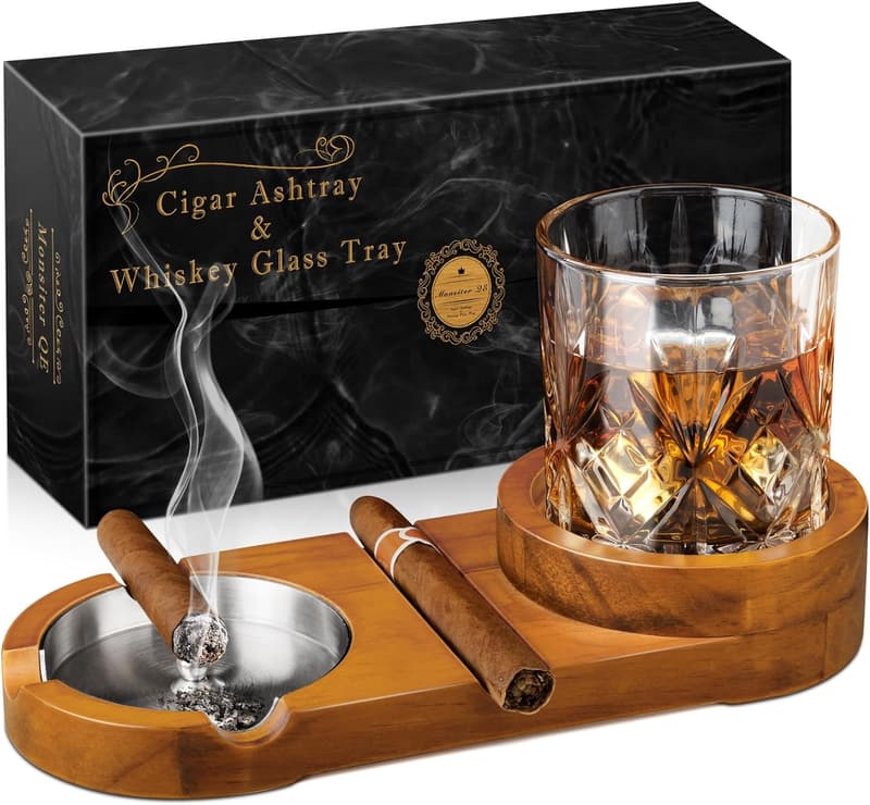 Wooden Cigar Ashtray and Whiskey Glass Tray for Men