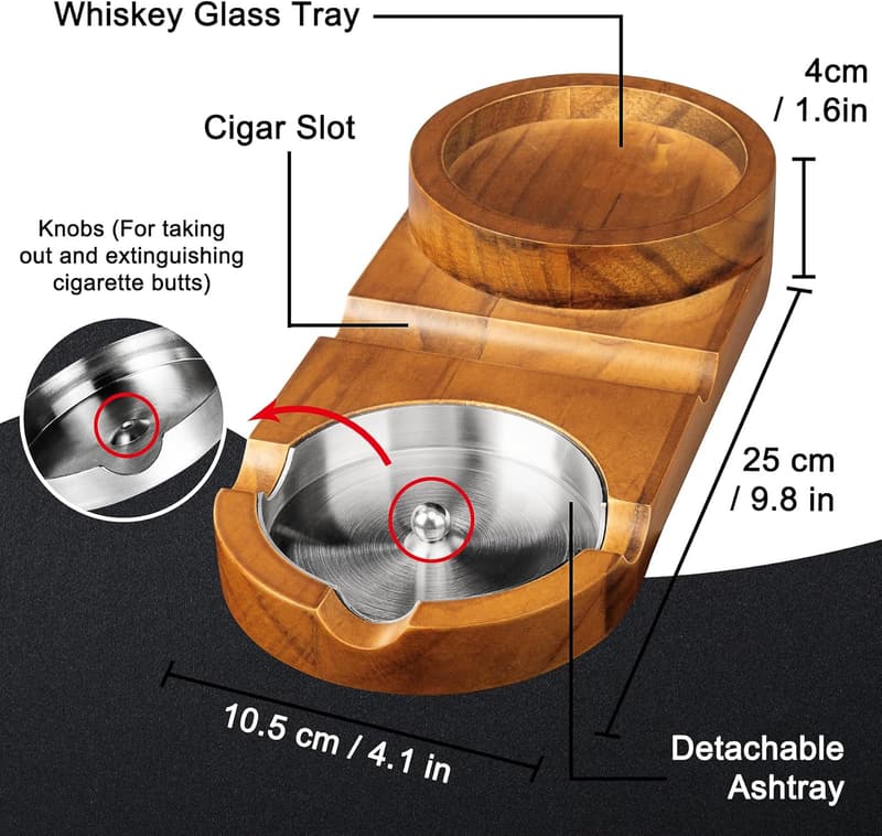 Wooden Cigar Ashtray and Whiskey Glass Tray for Men