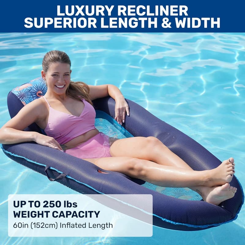 Extra Large Aqua Inflatable Pool Lounge with Headrest & Cupholder