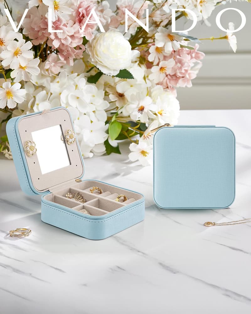 Teacher Appreciation Travel Jewelry Box - Blue Organizer with Mirror