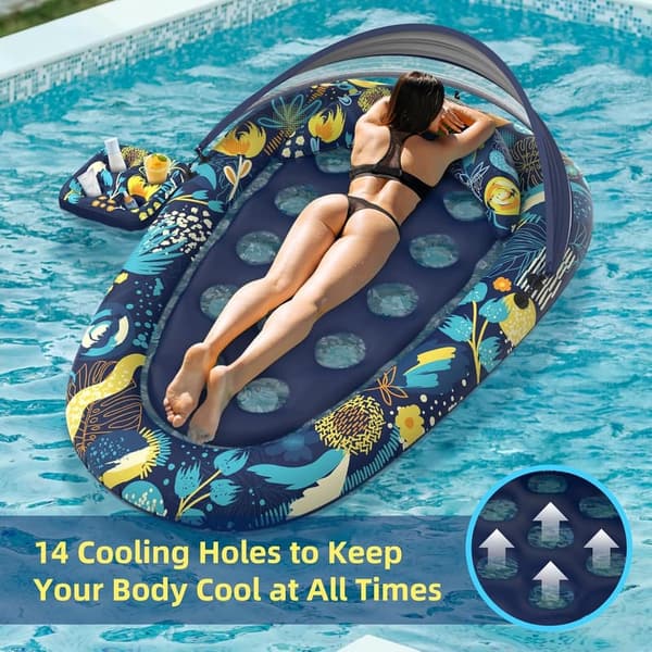 Inflatable Pool Float with Canopy & Cup Holder for Adults