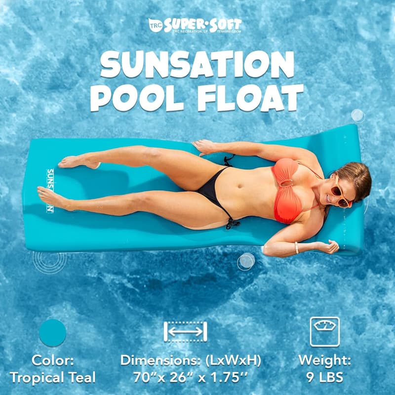 Adult Lounger Pool Float Mat with Built-In Pillow, Tropical Teal
