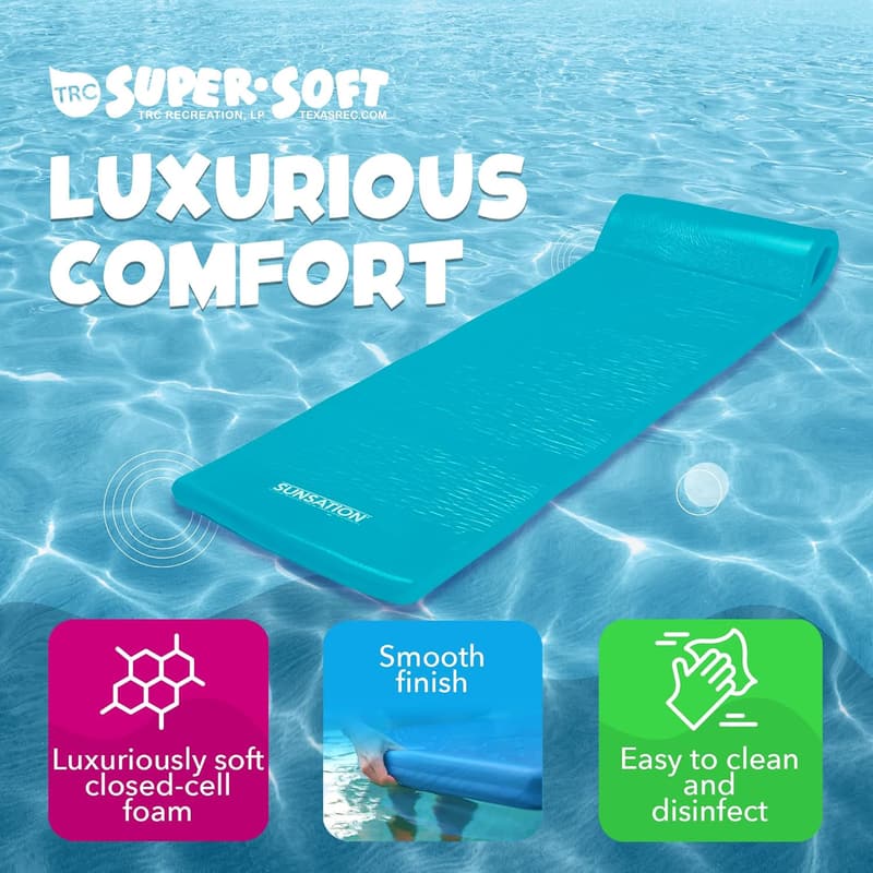 Adult Lounger Pool Float Mat with Built-In Pillow, Tropical Teal