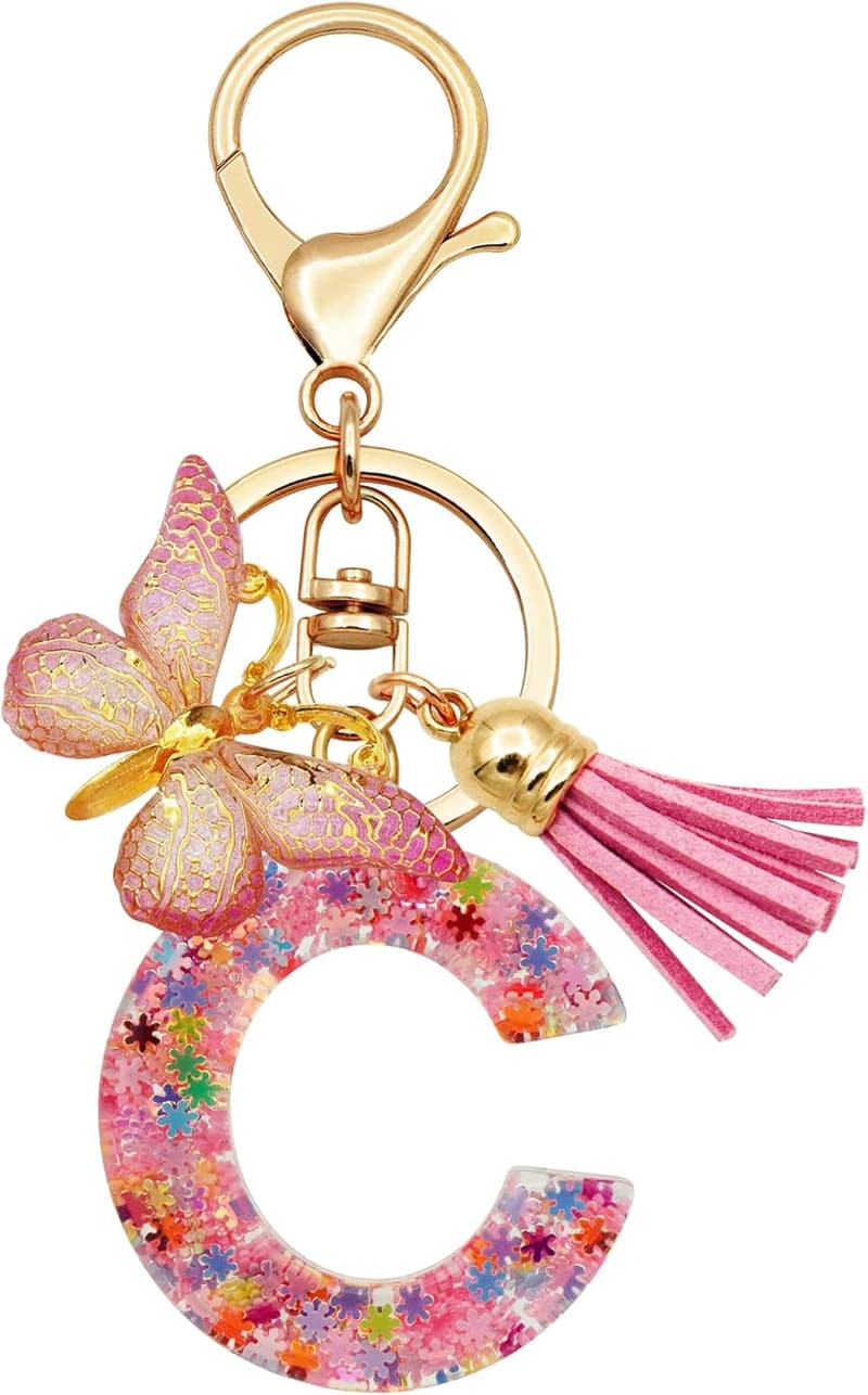 Christmas Initial Keychain for Women with Pink Tassel