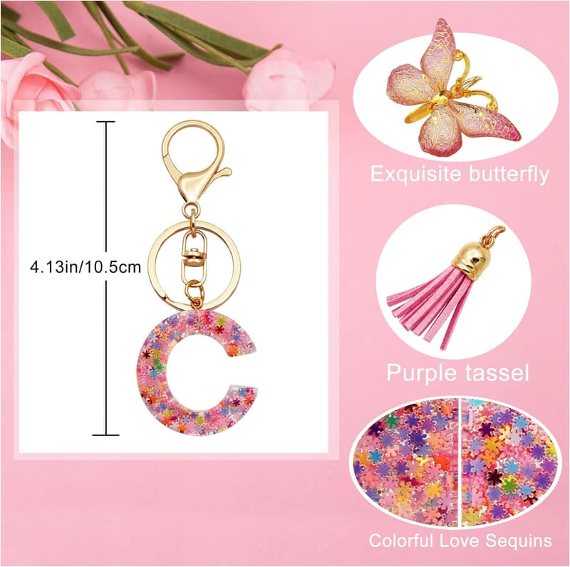 Christmas Initial Keychain for Women with Pink Tassel