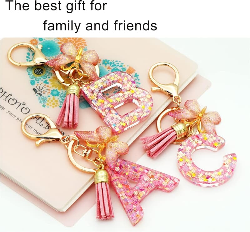 Christmas Initial Keychain for Women with Pink Tassel