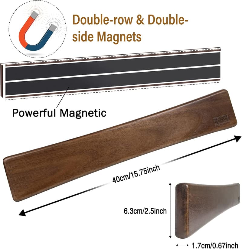 16-Inch Acacia Wood Magnetic Knife Strip for Kitchen Storage