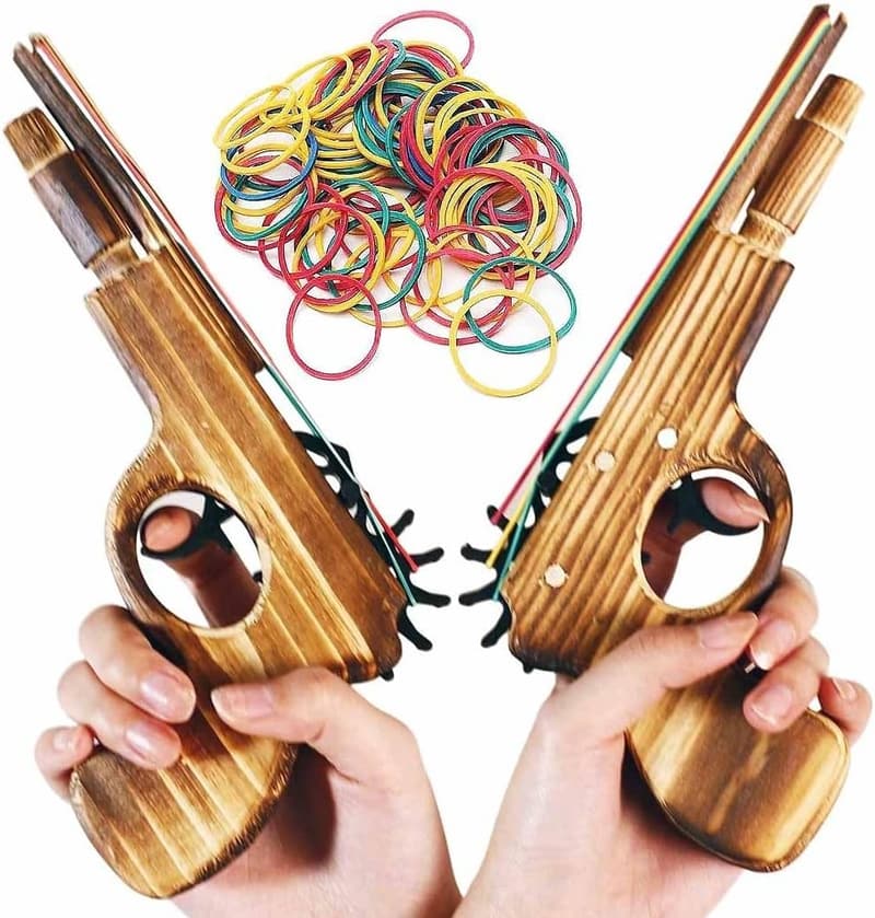 Wooden Rubber Band Gun Toy Set for Kids - 2 Pieces, 100 Bands
