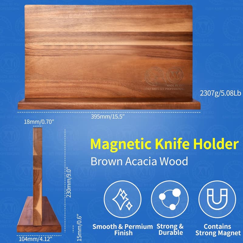 Extra Large Acacia Wood Magnetic Knife Block Organizer