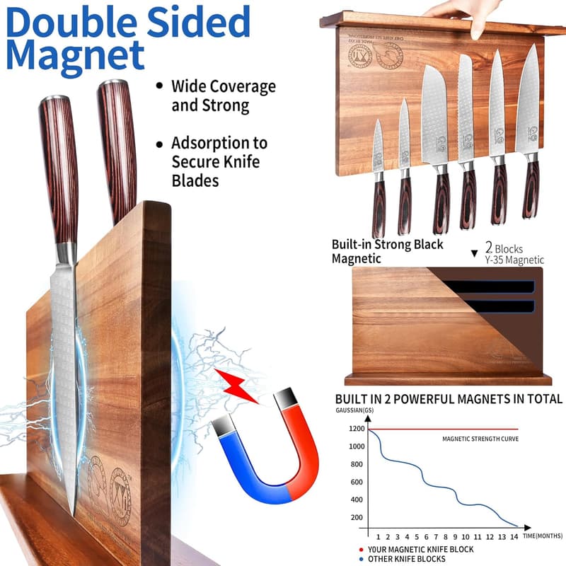 Extra Large Acacia Wood Magnetic Knife Block Organizer
