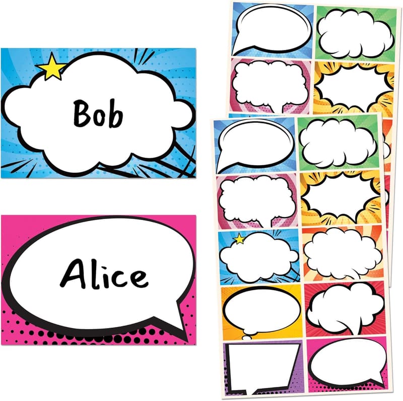Superhero Comic Name Tag Stickers for Kids - 250 Pack, 10 Designs