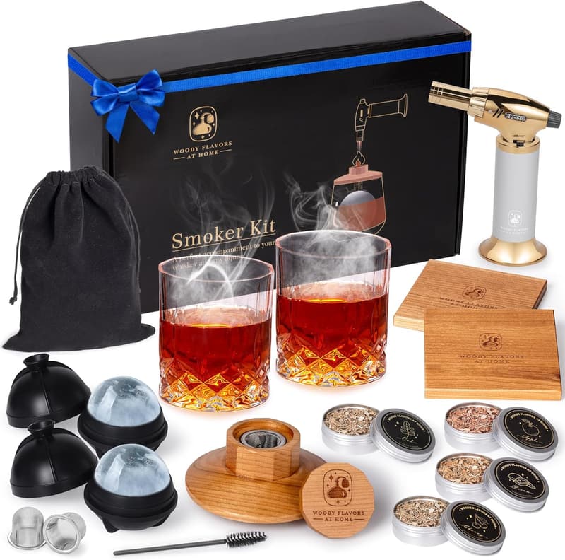 Whiskey Smoker Kit with Cherry Wood Chips & Glasses