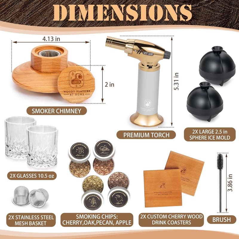Whiskey Smoker Kit with Cherry Wood Chips & Glasses