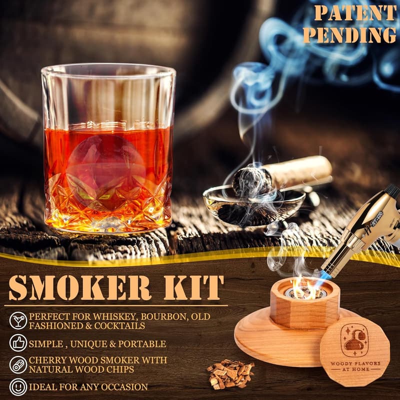 Whiskey Smoker Kit with Cherry Wood Chips & Glasses