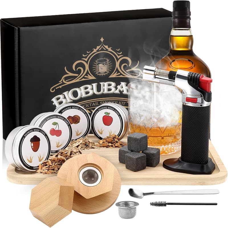 Whiskey Smoker Kit for Men - Includes 4 Wood Chips & Stones