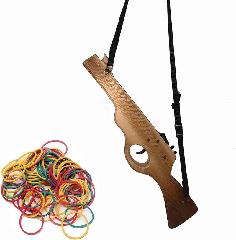 Continuous Firing Wooden Rubber Band Gun with Adjustable Strap