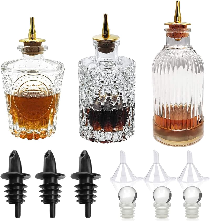 Vintage Glass Bitters Bottle Set for Home Bar (3 Pack)