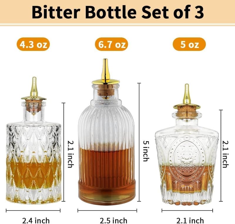 Vintage Glass Bitters Bottle Set for Home Bar (3 Pack)