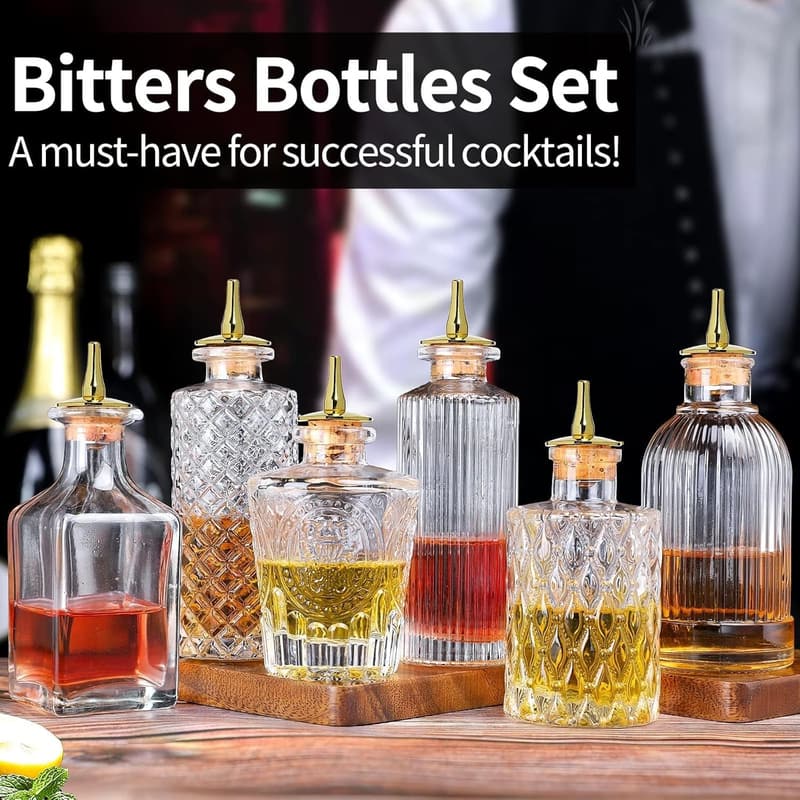 Bitters Bottles Set of 6 - Glass Dispenser Bottles with Stoppers