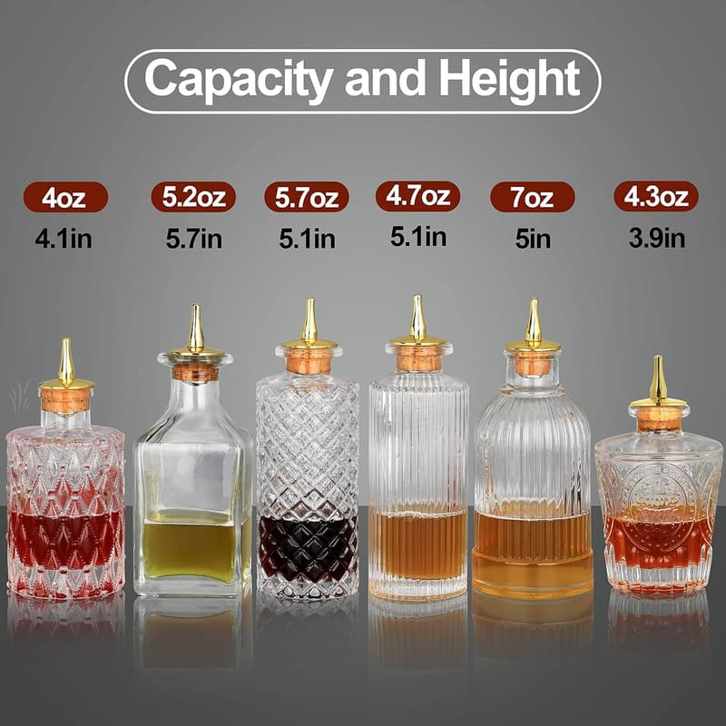 Bitters Bottles Set of 6 - Glass Dispenser Bottles with Stoppers