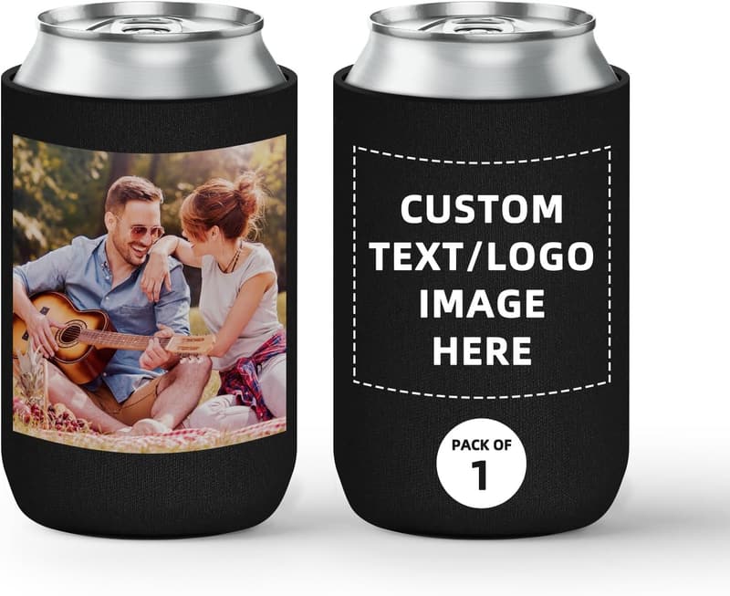 Personalized Black Beer Can Cooler for Weddings & Parties