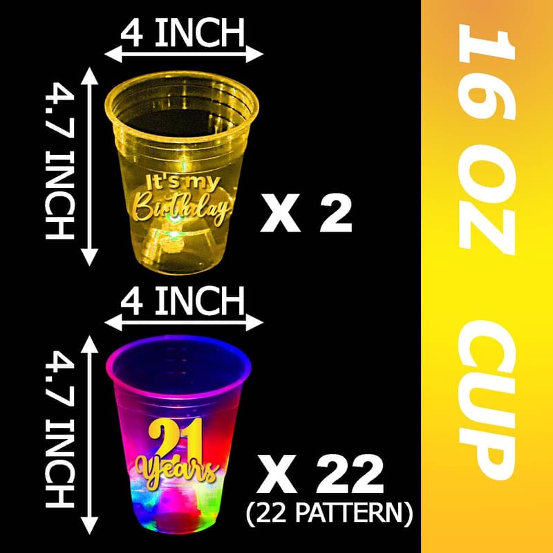 21st Birthday Party Plastic Cups - 24 Pcs, 16 oz Glow Cups