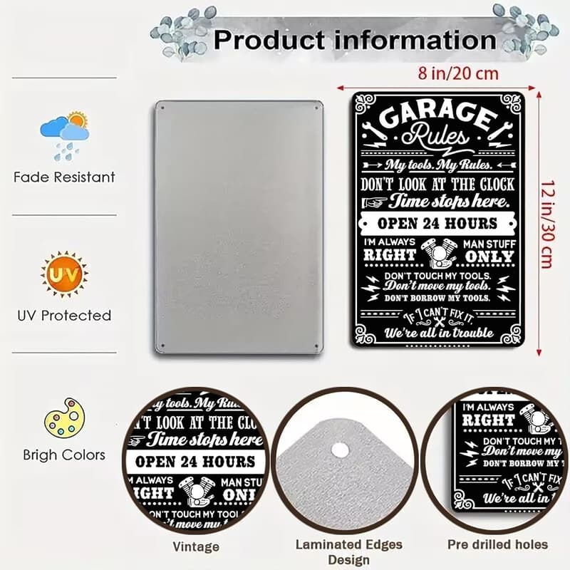 Funny Garage Rules Tin Sign - Vintage Wall Art for Men’s Workshop