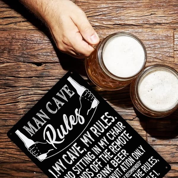Vintage Man Cave Rules Metal Sign - 8x12 Inches Decor