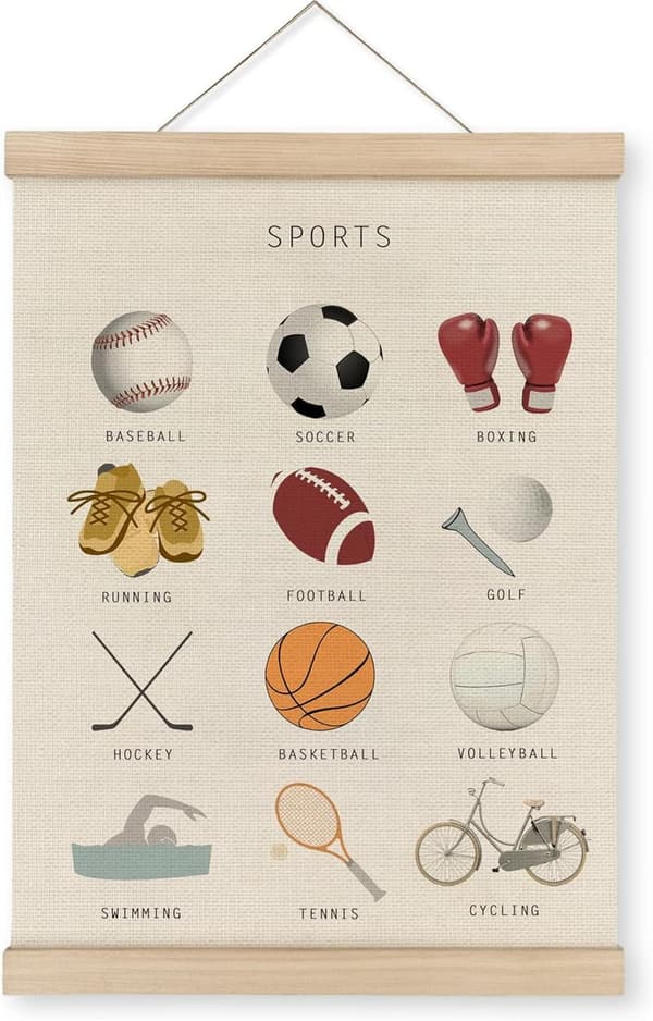 Sports Wall Art Poster with Wood Hanger for Boys' Room, 12x16 Inch