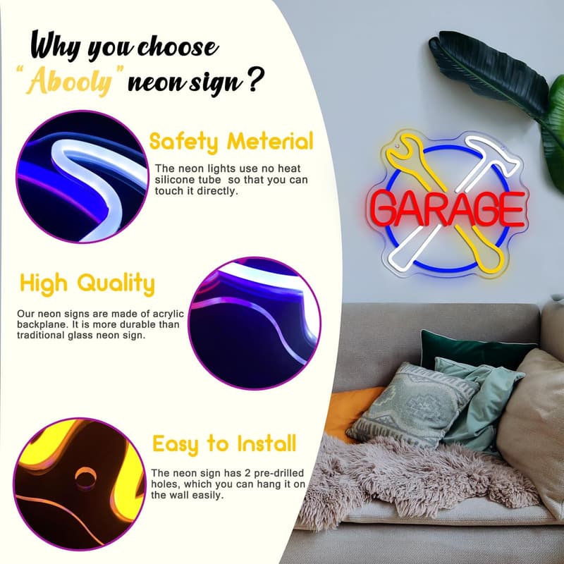 Neon Garage Tool Sign - USB-Powered LED Wall Art for Dad's Birthday