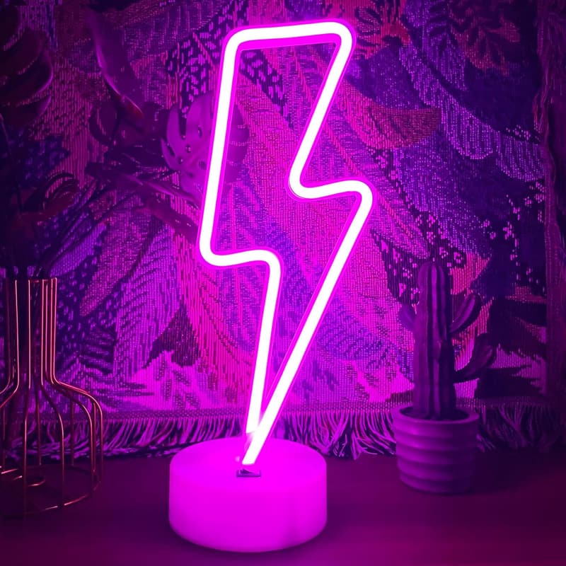 Purple Lightning Bolt Neon Sign with Base - LED Night Light Decor