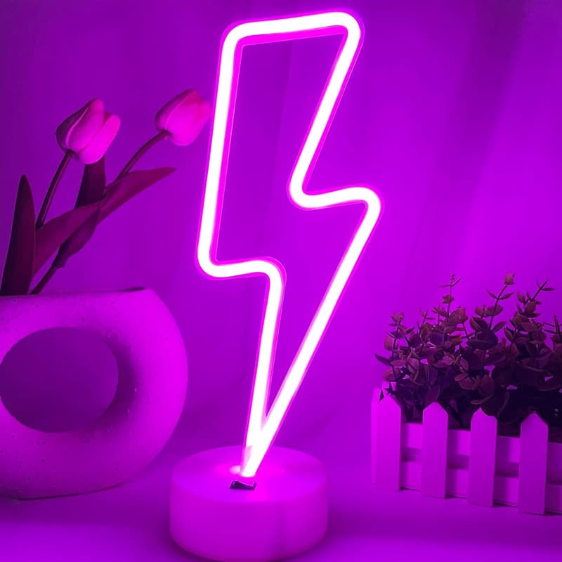 Purple Lightning Bolt Neon Sign with Base - LED Night Light Decor