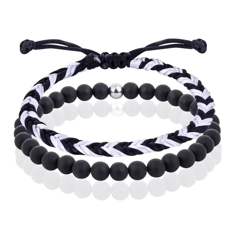 Men's Black Onyx Beaded Bracelet Set - Cool Gift for Him