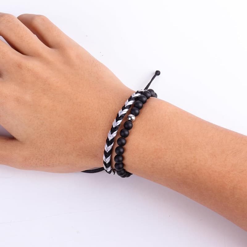 Men's Black Onyx Beaded Bracelet Set - Cool Gift for Him