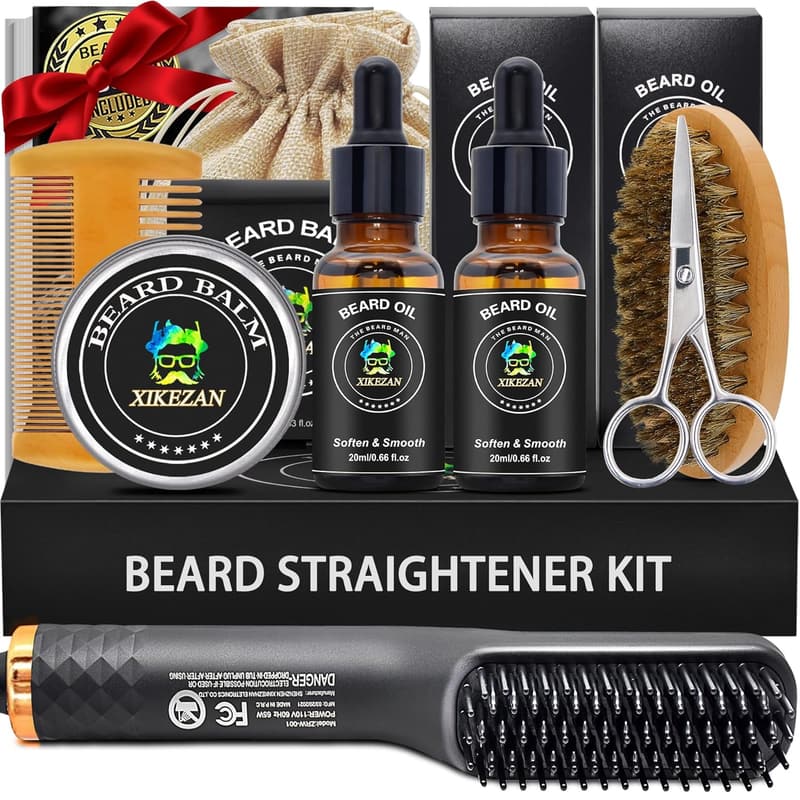 Men's Grooming Beard Kit with Straightener & Oils - Father's Day Gift