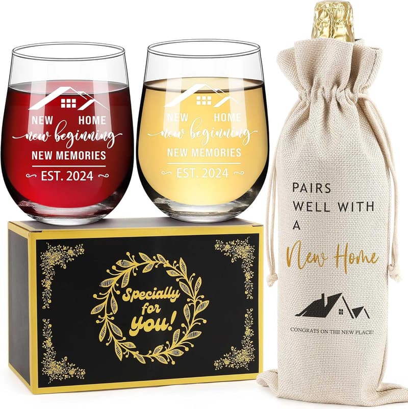 Housewarming Gift Set: 2 Stemless Wine Glasses & Bag