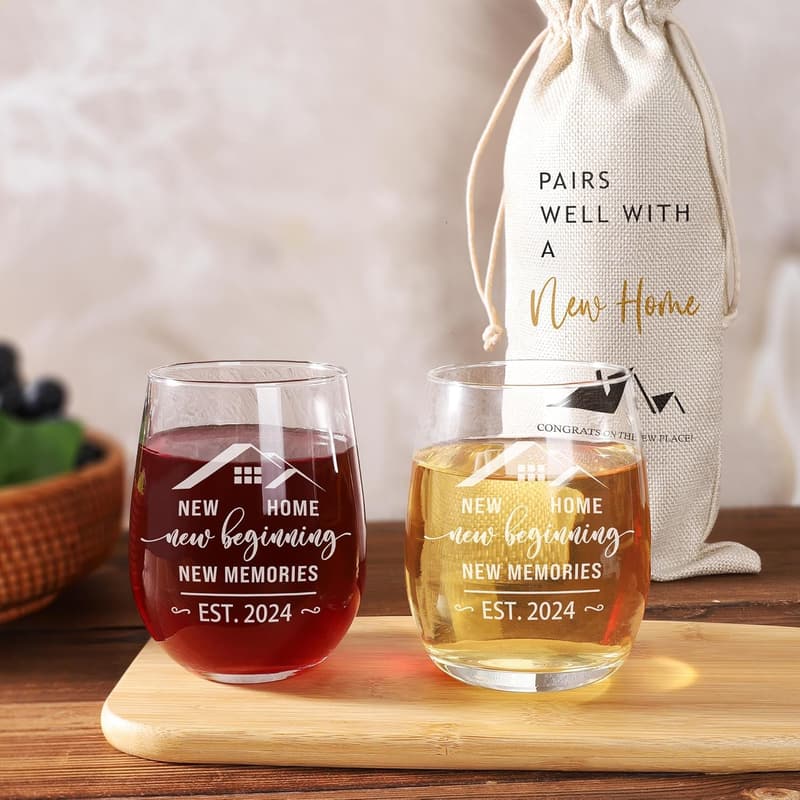Housewarming Gift Set: 2 Stemless Wine Glasses & Bag