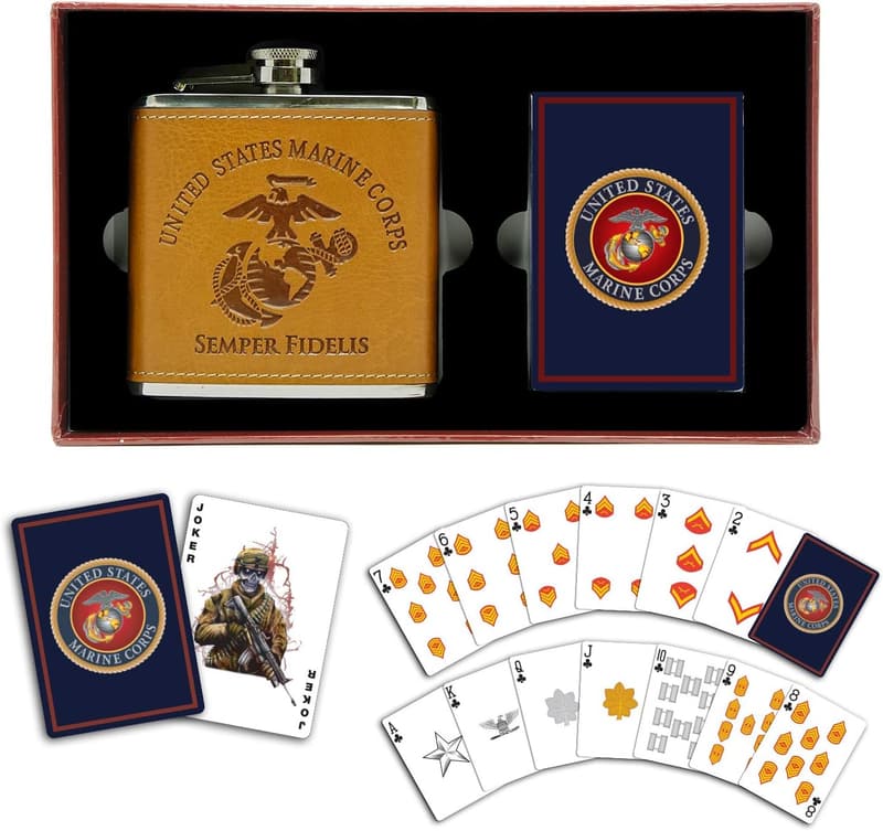 USMC Flask & Playing Cards Set - Leather-Wrapped Marine Corps Gift