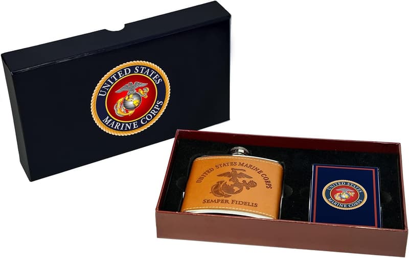 USMC Flask & Playing Cards Set - Leather-Wrapped Marine Corps Gift