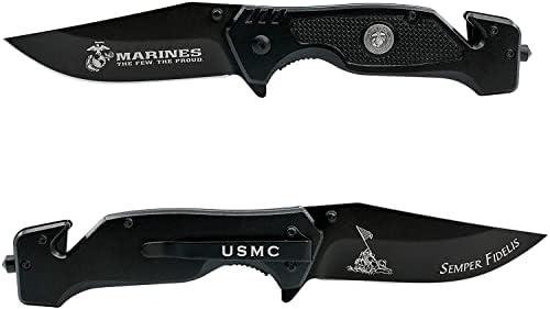 USMC Tactical Black Folding Knife - 3.5 Inch Blade for Marines