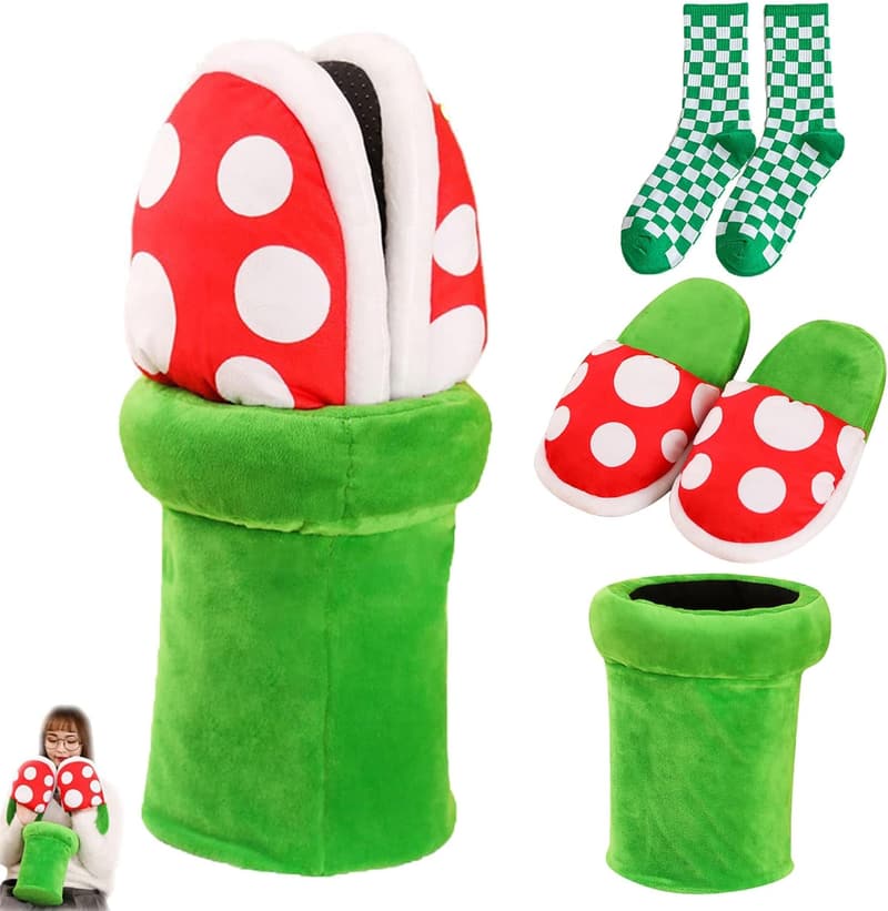 Piranha Plant Plush Slippers with Green Socks