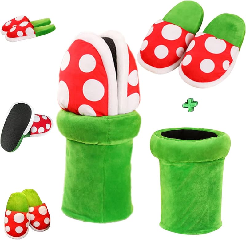 Piranha Plant Plush Slippers with Pipe Holder - Fun Gift for All
